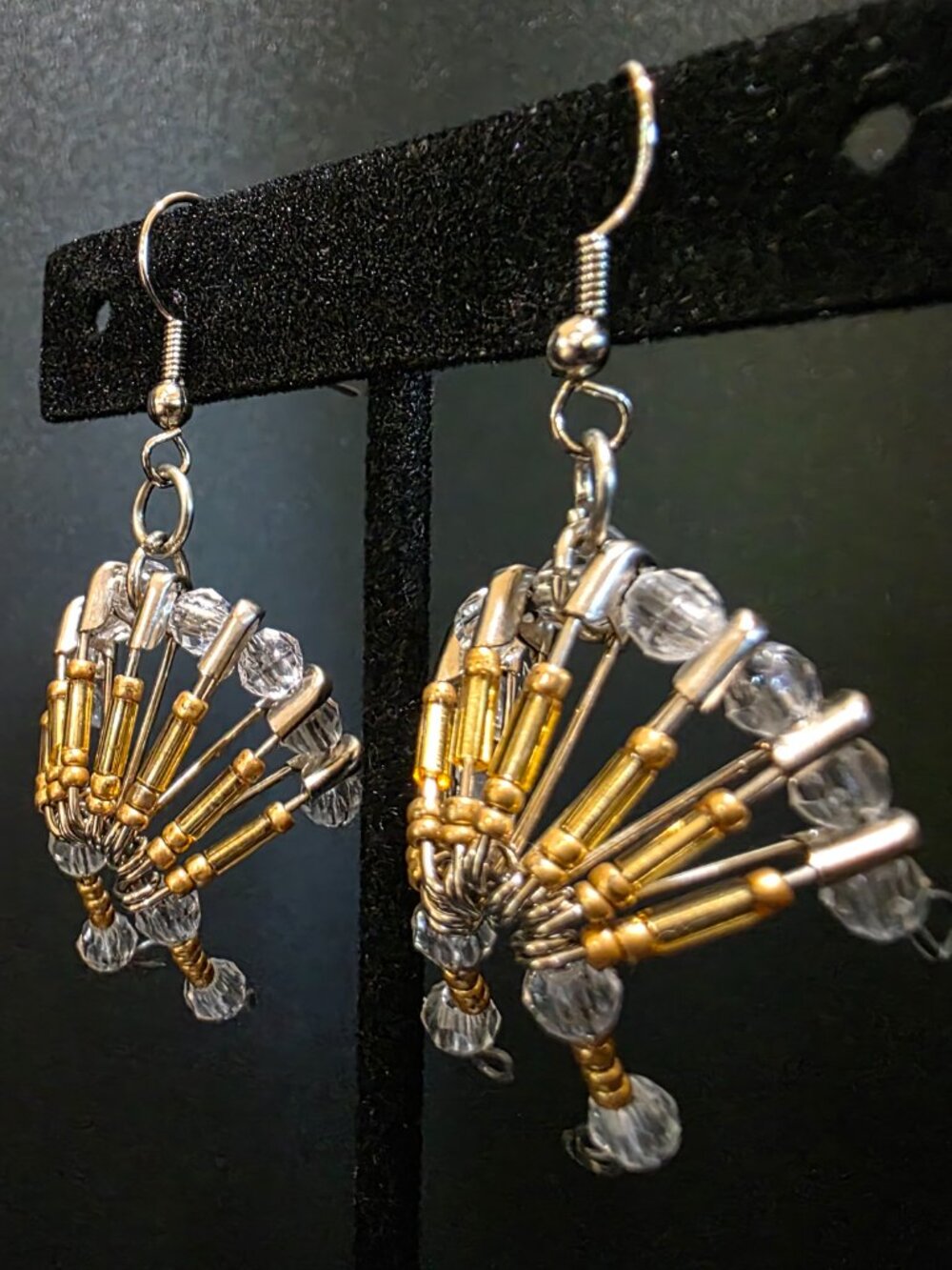 Vintage 80s Handmade Safety Pin Native Headdress Beaded Dangle Earrings NOS NEW